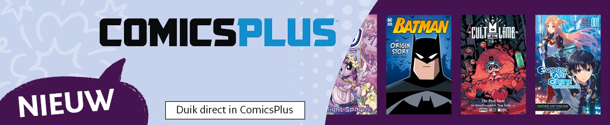 Afbeelding over ComicPlus met omslagen van 4 beroemde strips My Little Pony_Batman_TheCult of the Lamb en Sword Art Online