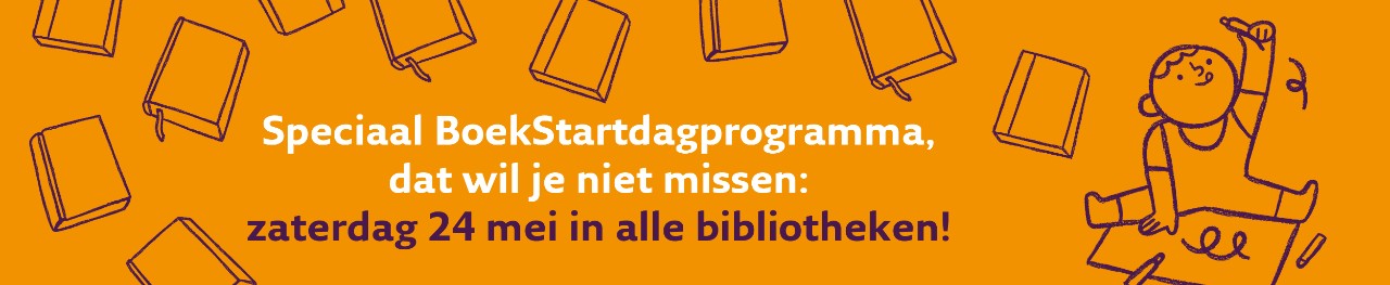 Een banner met de tekst: kom naar de Boekstartdag op zaterdag 24 mei. Lees meer